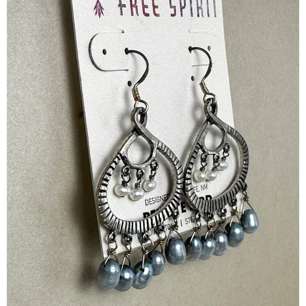 Signed Peyote Bird Boho Chandelier Earrings Oxidized Silver Pearl Drops NWT - Picture 8 of 12